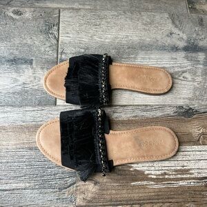BAMBOO Black Fringe Sandals with Tan Sole